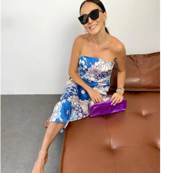 Zara Retro  Floral Satin Effect Strapless Midi Dress NWT Blue White Purple Small - Picture 4 of 16